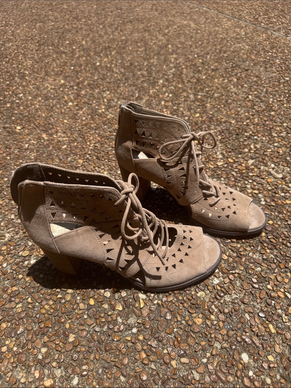 Vince Camuto Taupe Suede Lace-Up Cutout Gladiator Peep Toe Heels